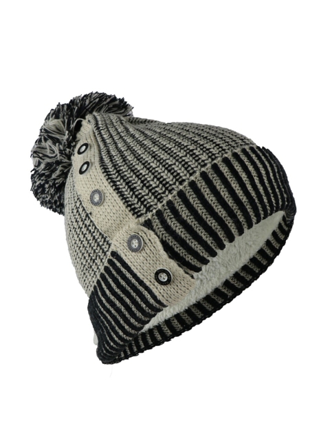 

iSWEVEN Unisex Cream-Coloured & Black Woollen Beanie