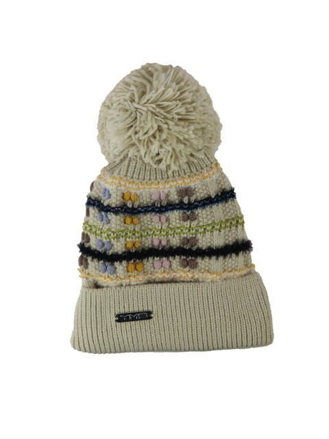 

iSWEVEN Unisex Cream-Coloured & Black Woolen Beanie