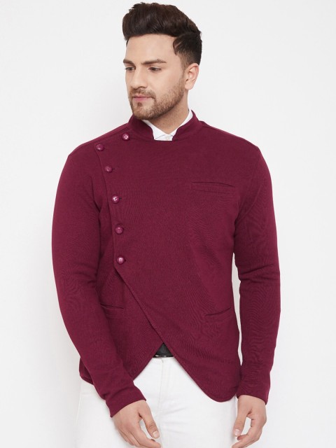 

Hypernation Men Maroon Solid Pure Cotton Blazer