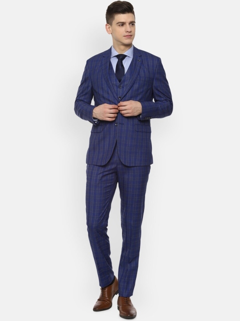 

Van Heusen Men Blue & Grey Checked Slim-Fit Single-Breasted 3-Piece Formal Suit