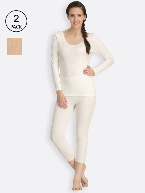 

Kanvin Women Pack of 2 Striped Thermal Sets, Off white