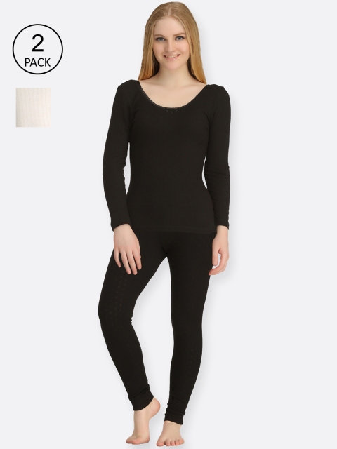 

Kanvin Women Pack Of 2 Off-White & Black Self-Design Thermal Set 2150OW2170_2150BK2170