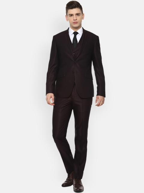 

V Dot Men Maroon Self Design Slim-Fit Single-Breasted 3-Piece Formal Suit