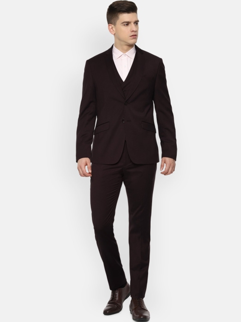 

V Dot Men Maroon Self Design Single-Breasted Slim-Fit 3-Piece Formal Suit