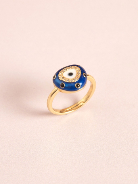 

Pipa Bella Blue & White Gold-Plated Evil-Eye Stone-Studded Enamelled Finger Ring