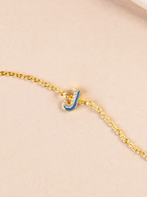 

Pipa Bella Teal Blue Gold-Plated Cubic Zirconia Studded Enamelled J Initial Link Bracelet