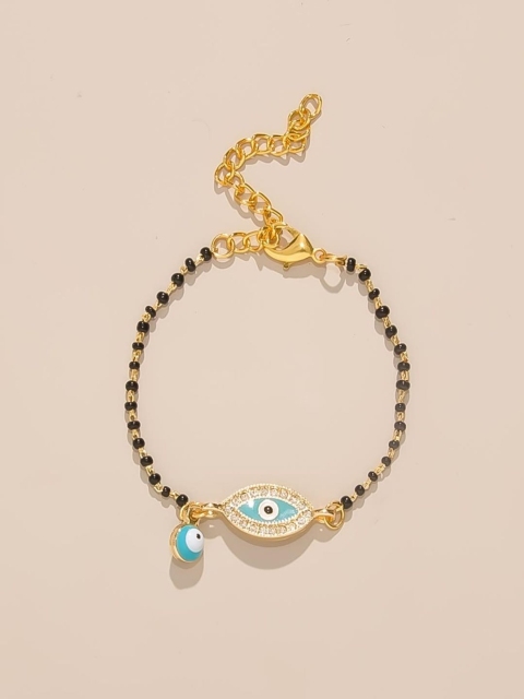 

Pipa Bella Women Black & Turquoise Blue Gold-Plated Beaded Evil Eye Link Bracelet