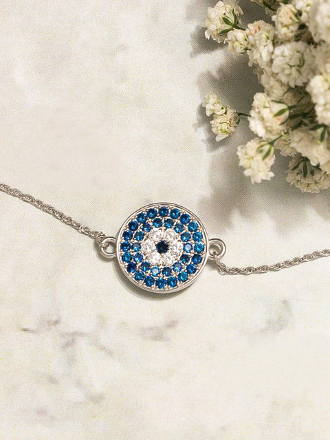 

Pipa Bella Women Blue Silver-Toned Brass Evil Eye CZ Studded Link Bracelet