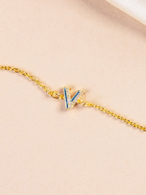 

Pipa Bella Women Blue Gold-Plated Cubic Zirconia Gold-Plated V Initial Link Bracelet