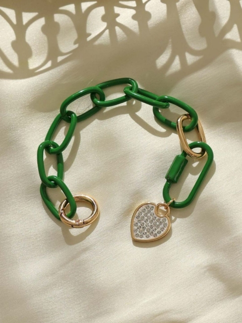 

Pipa Bella Women Green Gold-Toned Stone Studded Heart Charm Link Bracelet