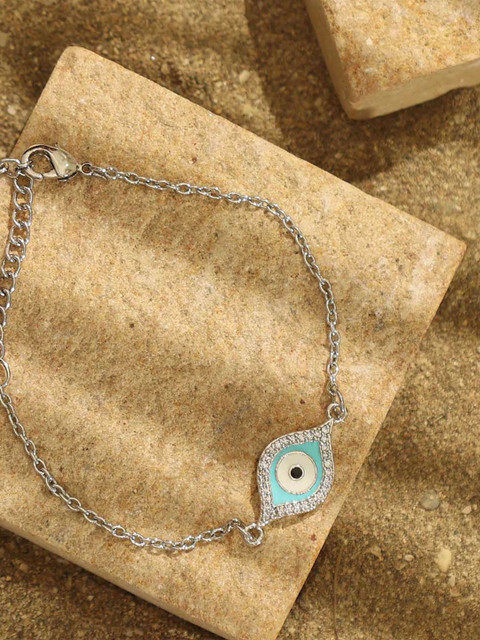 

Pipa Bella Women Silver-Toned Turquoise Blue CZ Studded Evil Eye Link Bracelet