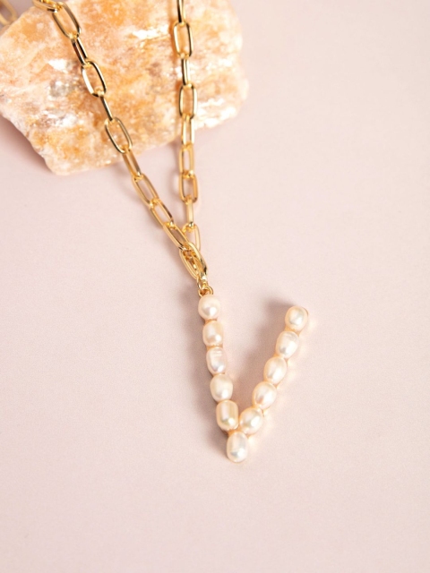 

Pipa Bella Gold-Toned & Off-White Beaded Initial V Necklace