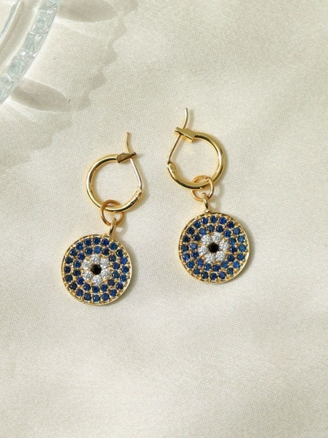 

Pipa Bella Gold-Toned & Blue CZ Studded Circular Evil Eye Drop Earrings