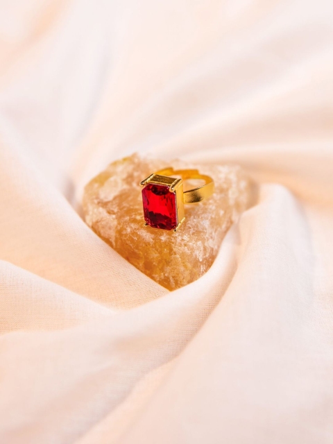 

Pipa Bella Women Red Gold-Plated Stone-Studded Rectangle Adjustable Finger Ring
