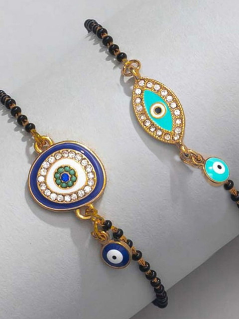 

Pipa Bella Women Pack of 2 Blue & Black Evil Eye Stone Studded & Beaded Link Bracelet