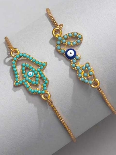 

Pipa Bella Women Set of 2 Turquoise Blue Gold-Plated Evil Eye Stone-Studded Link Bracelets