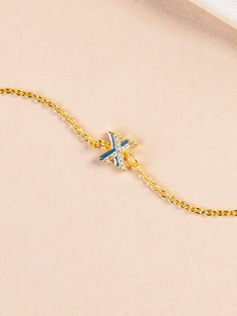 

Pipa Bella Teal Blue Gold-Plated Cubic Zirconia Studded Enamelled X Initial Link Bracelet