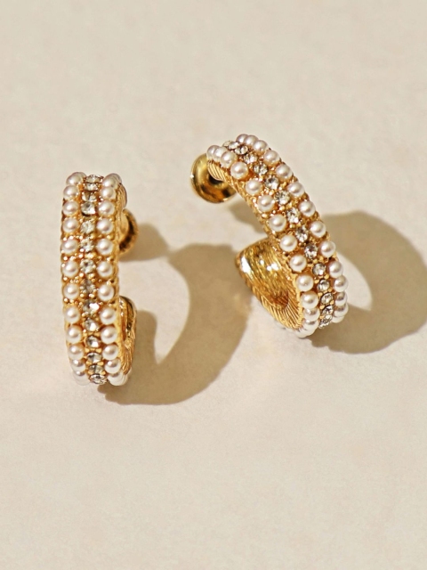 

Pipa Bella Gold-Toned & Off White Stone Studded & Beaded Half Hoop Earrings