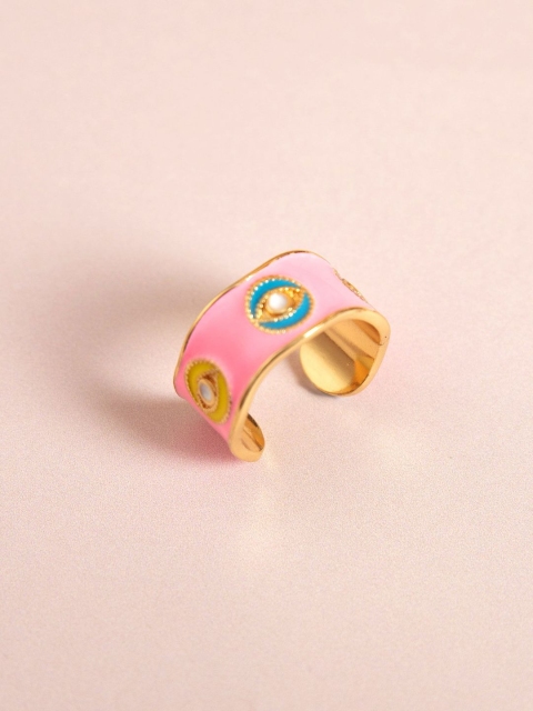 

Pipa Bella Women Gold-Toned & Pink Enamelled Evil Eye Adjustable Finger Ring