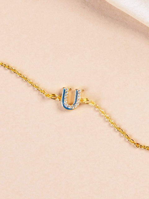 

Pipa Bella Women Blue Gold-Plated CZ-Studded U Initial Charm Bracelet