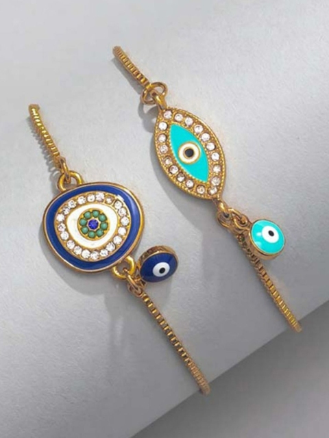 

Pipa Bella Women Set of 2 Blue Gold-Plated Evil Eye Stone-Studded Link Bracelets