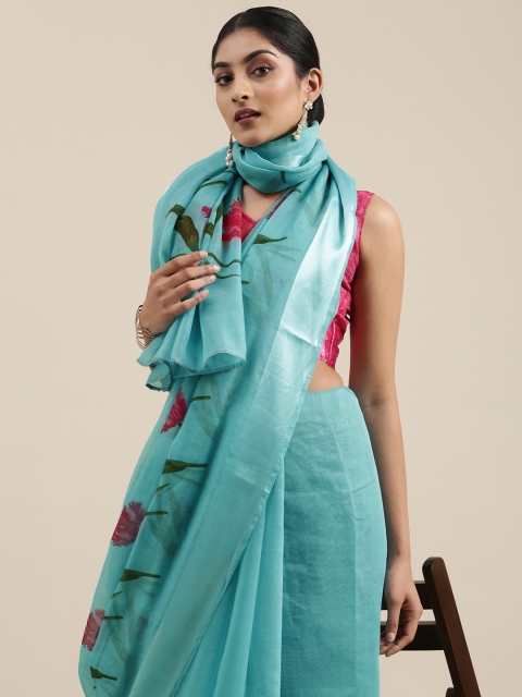 

KALINI Turquoise Blue Floral Linen Blend Saree