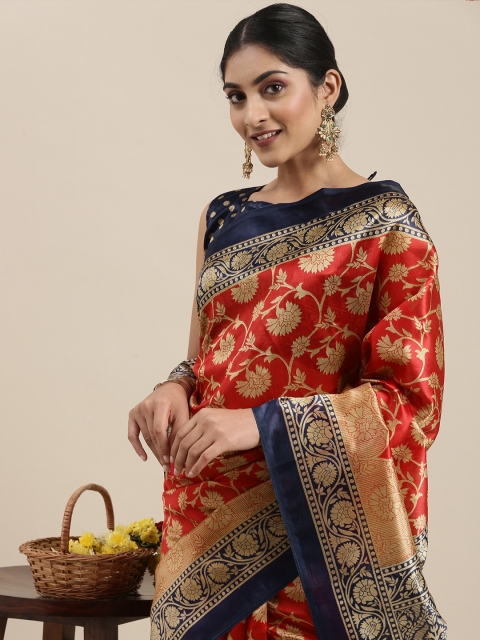 

KALINI Red & Navy Blue Floral Art Silk Saree
