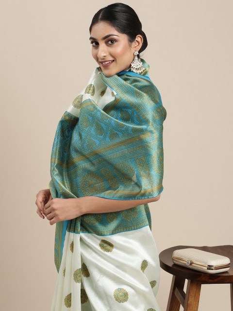 

KALINI White & Turquoise Blue Ethnic Motifs Art Silk Banarasi Saree