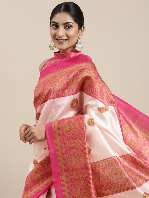 

KALINI White & Pink Floral Art Silk Banarasi Saree