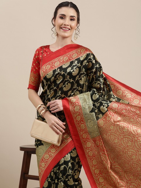 

KALINI Black & Red Floral Art Silk Saree