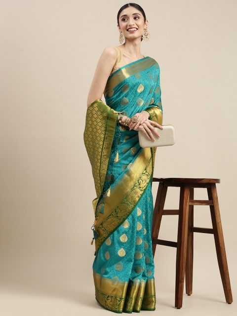 

MIMOSA Blue & Gold-Toned Ethnic Motifs Zari Art Silk Kanjeevaram Saree