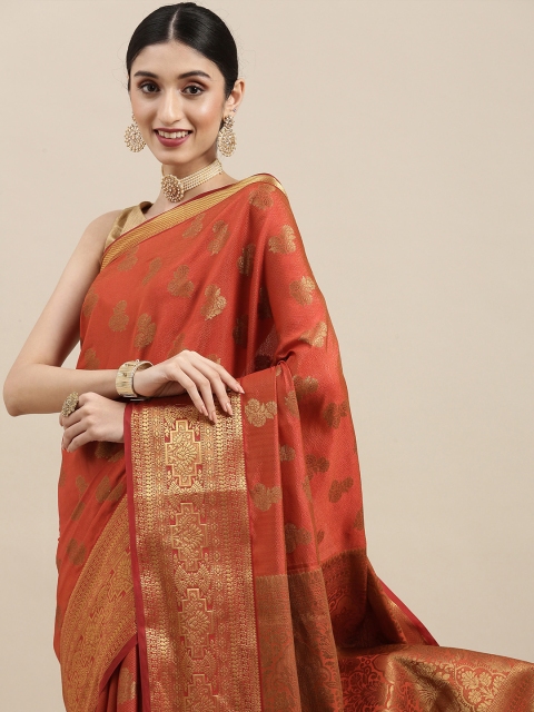

MIMOSA Rust & Gold-Toned Floral Woven Design Zari Art Silk Kanjeevaram Saree