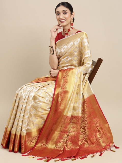 

MIMOSA Off White Ethnic Motifs Zari Art Silk Kanjeevaram Saree