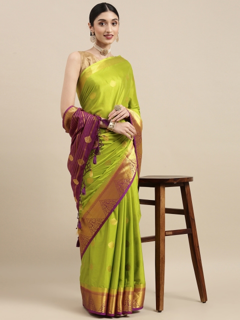

MIMOSA Green & Gold-Toned Woven Design Zari Poly Crepe Mysore Silk Saree
