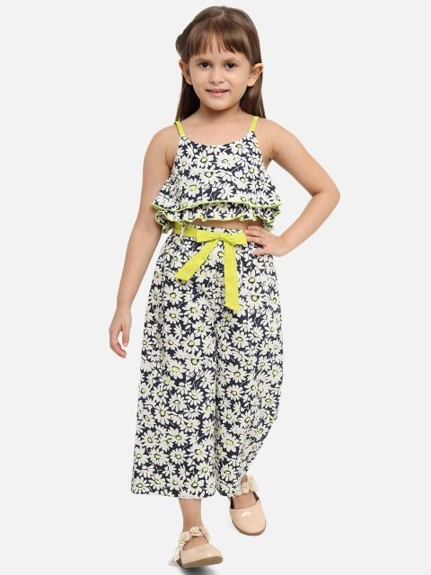

Nauti Nati Girls White & Black Floral Printed Pure Cotton Top with Palazzos