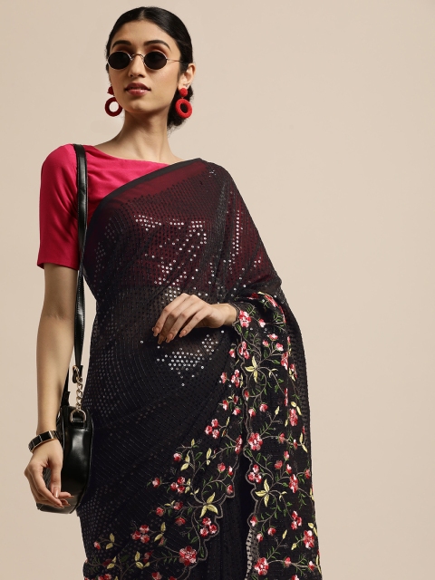 

VASTRANAND Black Floral Sequinned Saree