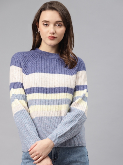 

Marks & Spencer Women Blue & White Striped & Ribbed Pullover