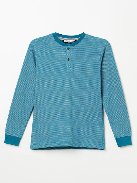 

Denimize by Fame Forever Boys Teal Striped Henley Neck Pure Cotton T-shirt