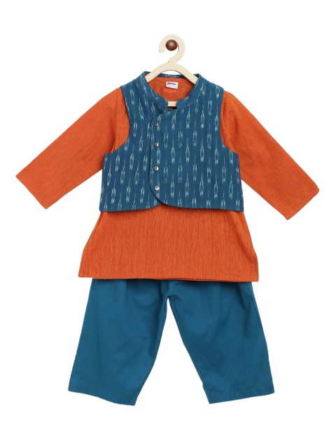 

Fabindia Boys Blue & Rust Regular Pure Cotton Kurta with Pyjamas & Waistcoat