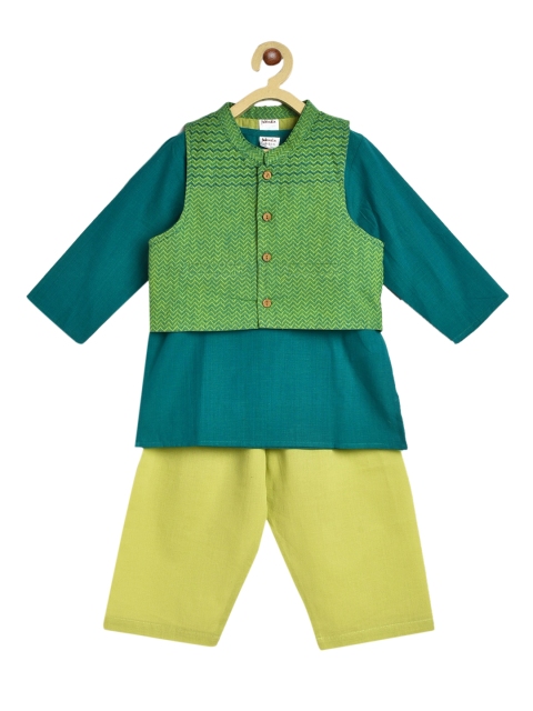 

Fabindia Boys Teal & Yellow Regular Pure Cotton Kurta with Pyjamas & Nehru Jacket