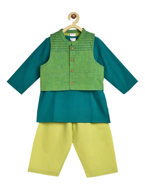

Fabindia Boys Teal Regular Pure Cotton Kurta with Pyjamas With Nheru Jacket