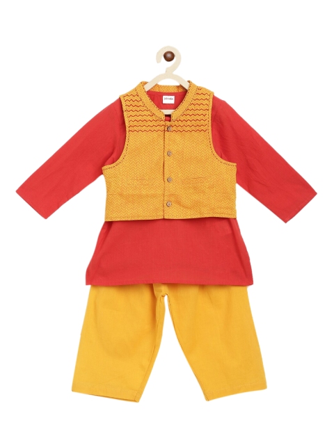 

Fabindia Boys Rust & Mustard Layered Pure Cotton Kurta with Pyjamas & Nehru Jacket