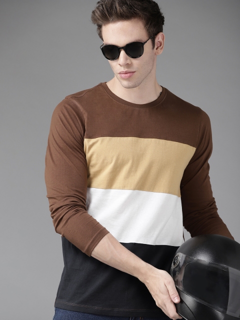 

Roadster Men Beige & White Colourblocked Pure Cotton T-shirt