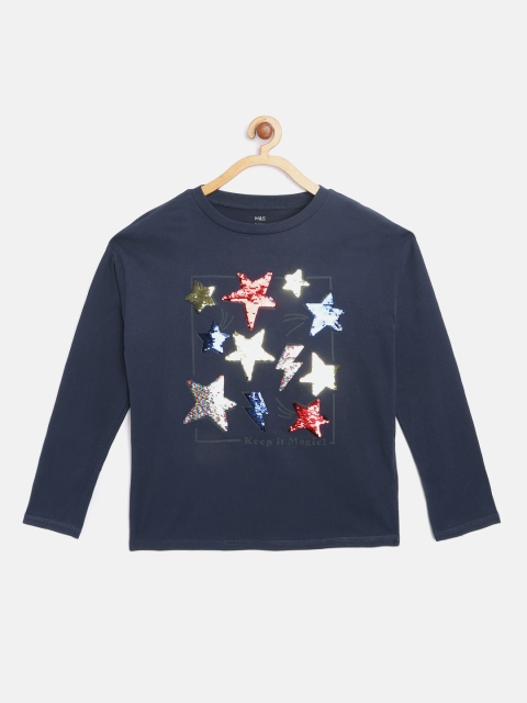 

Marks & Spencer Girls Navy Blue & Red Cotton Star Sequined T-shirt