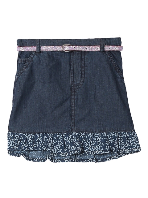 

Donuts Girls Blue Solid Pure Cotton Ruffled Hem Denim Skirt With A Belt