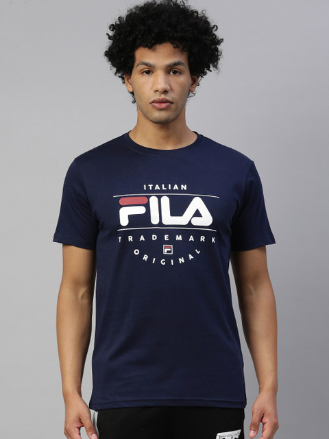 

FILA Men Blue & White Brand Logo Printed Pure Cotton T-shirt