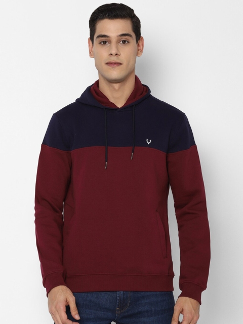 

Allen Solly Men Maroon & Navy Blue Colourblocked Hooded Pure Cotton Sweatshirt