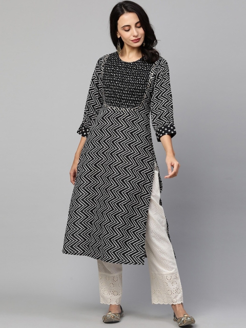 

FASHOR Women Black & White Bandhani Printed Regular Kurta with Trousers