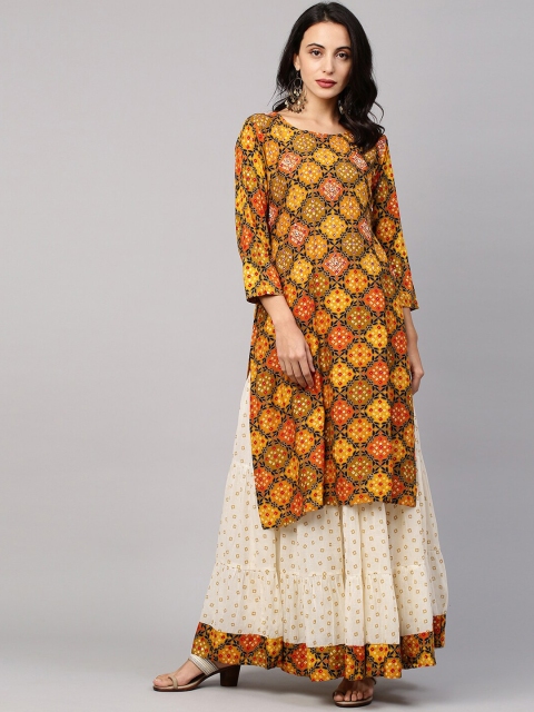 

FASHOR Women Mustard Yellow & Off-White Bandhani Printed Kantha Work Kurta with Skirt