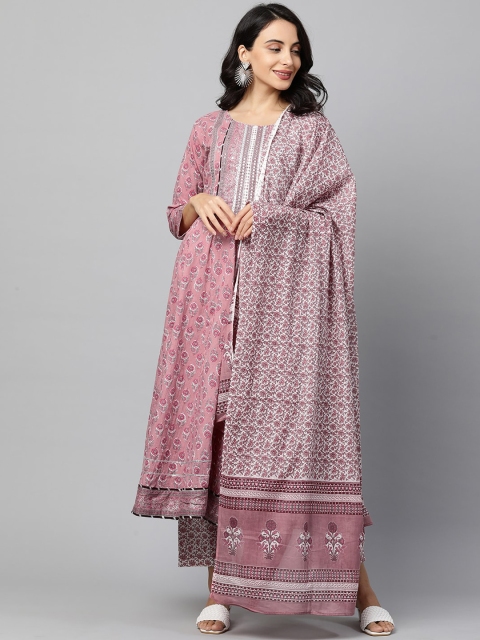 

FASHOR Women Pink & White Ethnic Motifs Regular Pure Cotton Kurta & Pyjamas With Dupatta